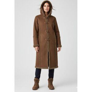 L.L. Bean Faux Fur Toggle Button Hooded Sherpa Coat Jacket Brown Womens M Petite